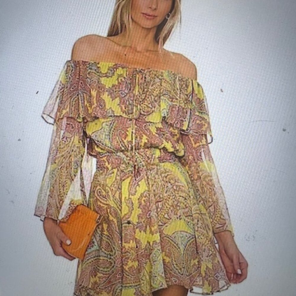 Misa Los Angeles Pamela Blouson Dress, Yellow Neon Paisley, NWT, Sz S, $385
